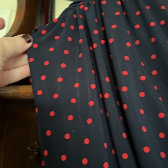 EVAN PICONE Navy Blue/Pink Polka Dot Sleeveless Midi Dress w/Rouching, Sz 8, GUC - Picture 5 of 10